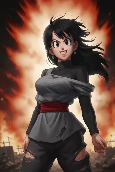 source_anime, score_9, score_8_up, score_7_up, anime screencap, absurdres, official style,
chi-chi black, hair down, long hair. 1girl, solo, black hair, bangs, black eyes, eyelashes, open mouth, smile, potara earrings, dougi, black topwear, black undershirt, black pants, long sleeves, turtleneck, 
looking at viewer, arms by side, wind lift,  cowboy shot, v-shaped eyebrows, head tilt, teeth, medium breasts, lipstick, off shoulder, torn clothes, 
night sky, destruction, ruined city, smoke, fire, red theme
 <lora:chichiDBS_pony_v1:0.8>