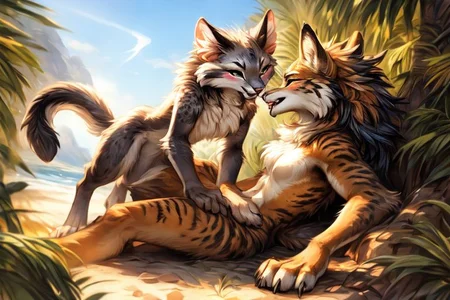 uploaded on e621, by carrot, by castitas, by reallynxgirl, by hioshiru, by loimu, by blotch, by kenket, by lizet,
FurryCore, 
catfolk,
Catra_Shera,
belladonna,
dragon,
(sexy pose), dynamic pose, NSFW, nude,
raised tail, paws, female, animal pussy, (pussy), (glistening genitalia), clitoris, plump labia, flat chest, (pussy juice), 
lying on back, butt, presenting, anatomically correct pussy, spread legs, snuggling, kissing,
feral, furry female anthro cat, detailed and extremely fluffy body fur, tail, stripes, 2 girls, highly_detailed_face, symmetrical_eyes, fangs, open mouth, claws, young,
looking at viewer,
smile, blush, 
athletic, muscular, sleek,
brush stroke style, concept art, highly detailed, masterpiece, best quality, cinematic composition, 
sunlight, on a beach, 
masterpiece, best quality, realistic, (intricate:0.9), (high detail:1.4), film photography, {soft focus}, RAW photo, photorealistic, analog style, subsurface scattering, photorealism, absurd res,