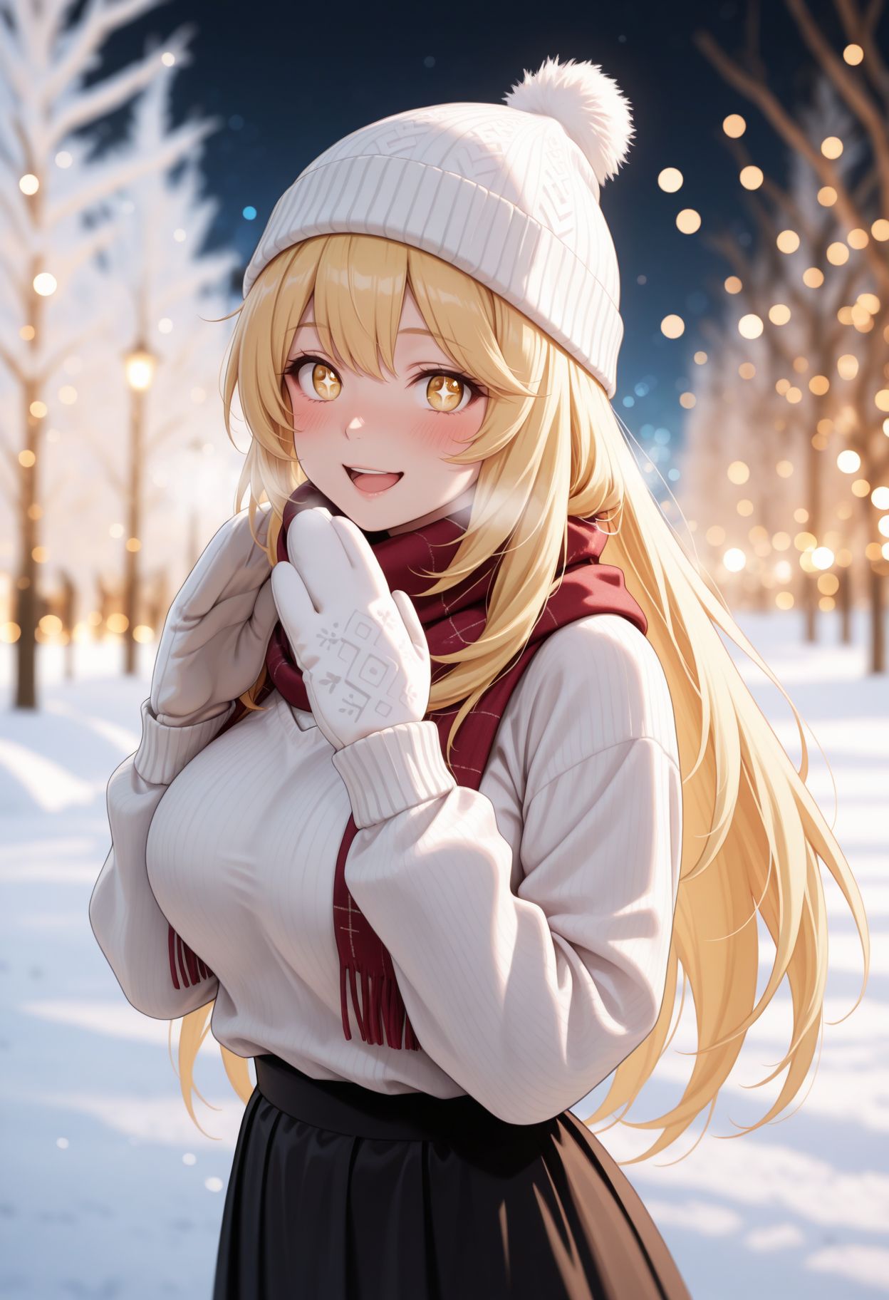 masterpiece,best quality,absurdres,highres,very aesthetic,high quality,detailed,insanely detailed,beautiful,perfect lighting, ,depth of field,blurry background,bokeh
  <lora:Shokuhou Misaki illu:1> 1girl, blonde hair, long hair, yellow eyes, symbol-shaped pupils, +_+, large breasts,  winter, snowfield, sweater, long skirt, outdoors, scarf, winter, smile, blush, upper body, abstract background, beanie, portrait, alternate costume, white background, looking at viewer, smile, mittens, blush, scarf, heavy breathing, open mouth, hat, winter clothes, pom pom \(clothes\)