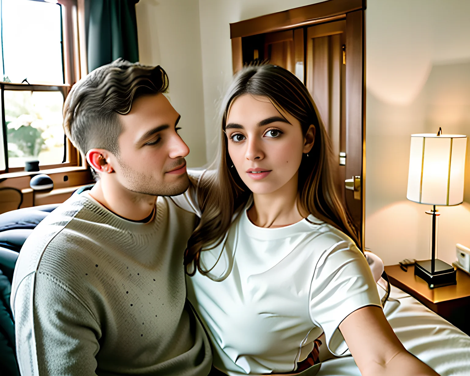 RAW photo, (masterpiece), best quality, extremely detailed, delicate and beautiful, one woman, one man, sharp, studio quality,tight black blouse, white skirt), (full body portrait), inside, indoors, bedroom, dresser, bed, nightstand, curtains, window, doorway, wood beam ceiling, evening, lanterns, wood table, 8k uhd, dslr, soft lighting, high quality, film grain, Fujifilm XT3,(armoutstretched), outstretched arm, sitting, couple, taking selfie,  <lora:selfiearm:0.85>