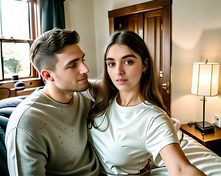 RAW photo, (masterpiece), best quality, extremely detailed, delicate and beautiful, one woman, one man, sharp, studio quality,tight black blouse, white skirt), (full body portrait), inside, indoors, bedroom, dresser, bed, nightstand, curtains, window, doorway, wood beam ceiling, evening, lanterns, wood table, 8k uhd, dslr, soft lighting, high quality, film grain, Fujifilm XT3,(armoutstretched), outstretched arm, sitting, couple, taking selfie, <lora:selfiearm:0.85>