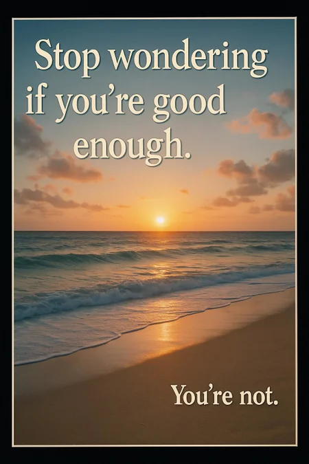 A photorealistic image styled like a typical motivational poster. The main background is a serene, beautiful beach at sunrise — golden sunlight reflecting off gentle ocean waves, soft clouds in a pastel sky, and smooth sand in the foreground. The overall mood is calm and inspirational.

At the top of the image, in elegant, large white serif font with a subtle drop shadow, the text reads:
“Stop wondering if you’re good enough!”

In the lower right part of the image (not at the very bottom), in small but still clear and legible bold font, the text reads:
“You’re not!”
