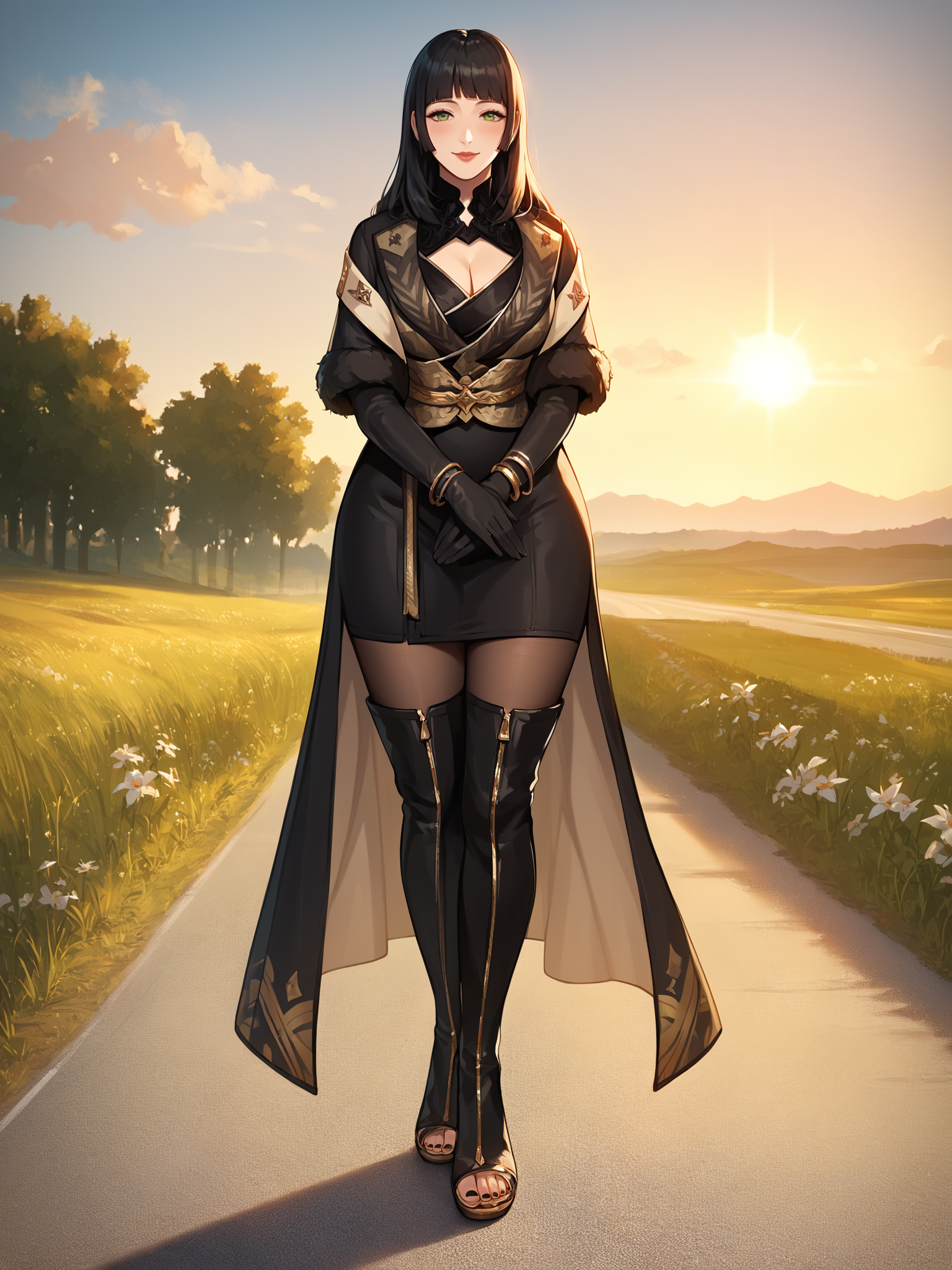 score_9, score_8_up, score_7_up, score_6_up, source_anime,
Gentiana, a girl is standing, own hands together, 5 fingers, full body, close-up,
1girl, mature female, solo,
looking at viewer, blush, light smile,
lips, green eyes, black hair, long hair, hime cut,
cleavage cutout, black dress, golden sash, fur trim, black gloves, pantyhose, thigh boots, bracelet, toeless footwear, toenail polish, high heels,
curvy, large breasts, thick thighs,
outdoors, road, highway, meadow, field, sunrise, sunlight, complex background, savannah,
<lora:Gentiana3216PDXL:1>