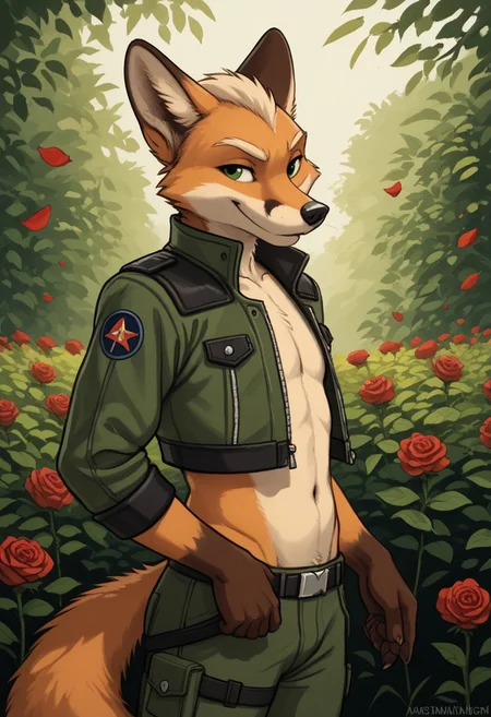 score_9, score_8_up, score_7_up, score_6_up, score_5_up, score_4_up, by kenket, best quality, highly detailed, ((seductive)), intricate details, male, outside, (romantic garden), roses, extremely detailed, smooth body, smooth lines, zaush style art, solo, 1furry, 1boy, (femboy fox McCloud, young), two toned fur, anthro, 1boy, cropped jacket, sly fox, sexy pose, seductive, cute midriff, navel, side view