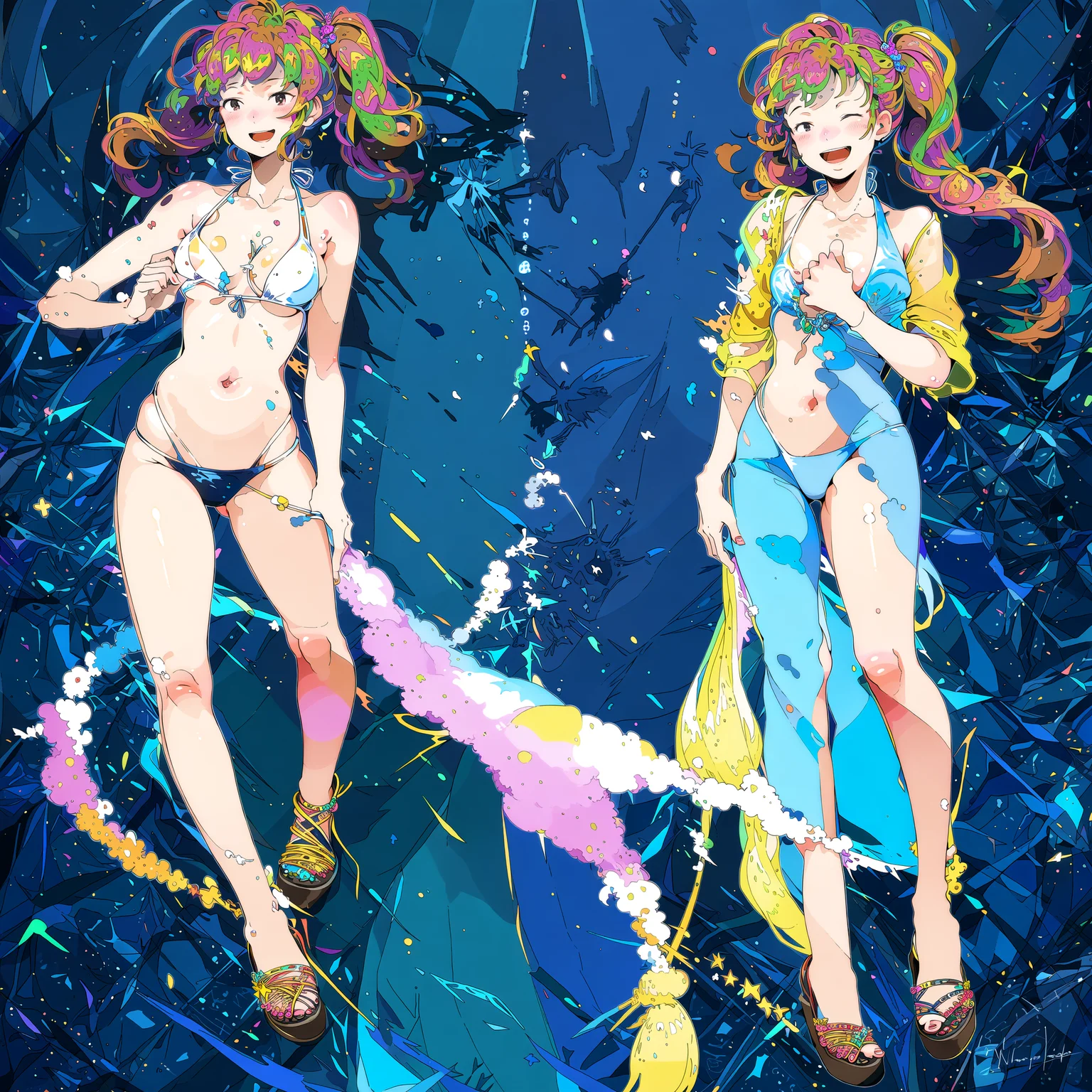 (highres, best quality, masterpiece:1.2), (realistic, photo-realistic:1.37), dark background, simple background,
(1girl, solo, full body), (slim girl:1.2), (slim legs:1.4), small breasts, open mouth, white hair:1.2, low twintails, swimsuit, bikini, sandals,