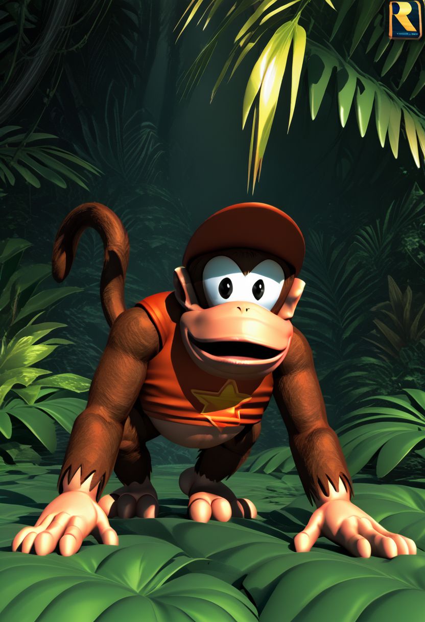 (source_furry, source_cartoon, score_9, score_8_up, score_7_up:1), solo male, diddy kong, kong, all fours, looking at viewer, 3d, outdoors, jungle