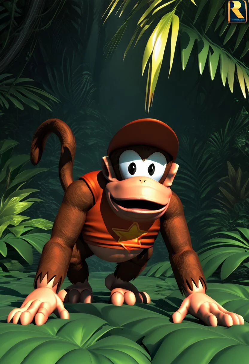 (source_furry, source_cartoon, score_9, score_8_up, score_7_up:1), solo male, diddy kong, kong, all fours, looking at viewer, 3d, outdoors, jungle
