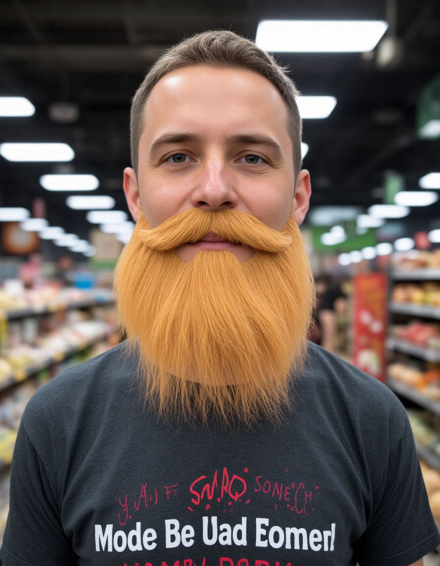 photo of a man wearing a brown fake beard in a supermarket