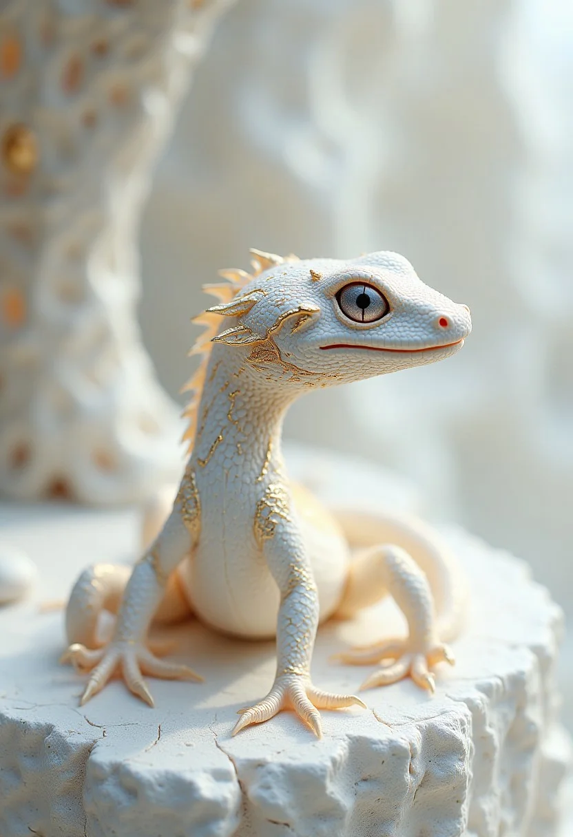 a white gecko with golden cracks on white sitting on a wall.