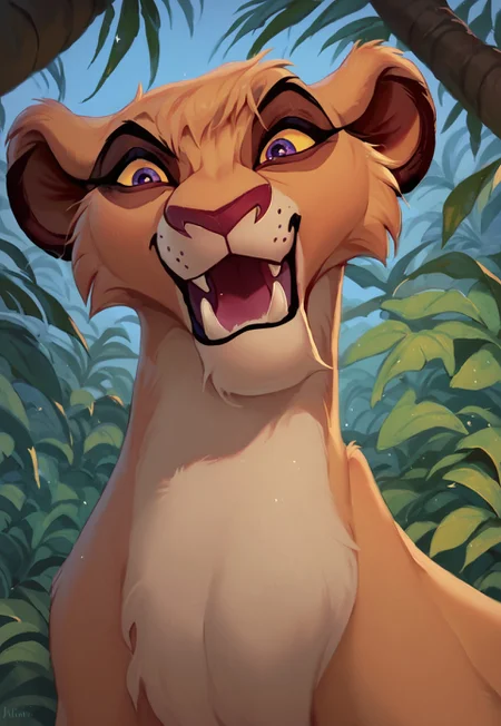 score_9, score_8_up, score_7_up, score_6_up, high quality, best quality, masterpeace, highly detailed, high detail, solo, Furry, feral, female, lioness, Vitani, purple eyes, yellow sclera, opened month, fangs, roaring, in the jungle,