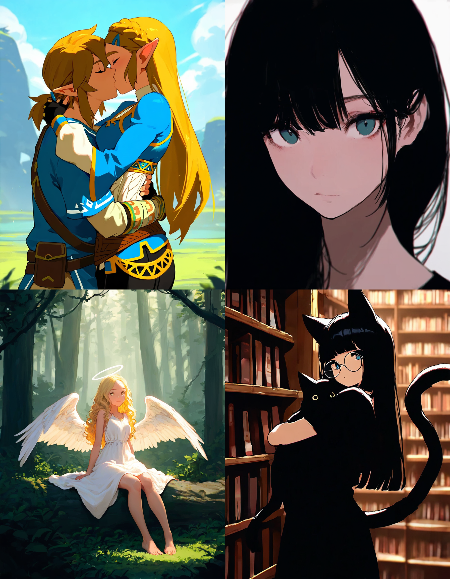 https://civitai.com/articles/8642 __ 1st image: masterpiece, best quality, 1girl, 1boy, princess zelda, the legend of zelda: breath of the wild, standing, kiss, hug, closed eyes, outdoors __ 2nd image: masterpiece, best quality, 1girl, face, portrait, looking at viewer, closed mouth __ 3rd image: masterpiece, best quality, 1girl, solo, blonde hair, wavy hair, angel, angel wings, halo, smile, sitting, forest, white dress __ 4th Image: masterpiece, best quality, 1girl, solo, long hair, black hair, blunt bangs, straight hair, round eyewear, cat girl, cat ears, cat tail, standing, hug, cat, looking at viewer, library