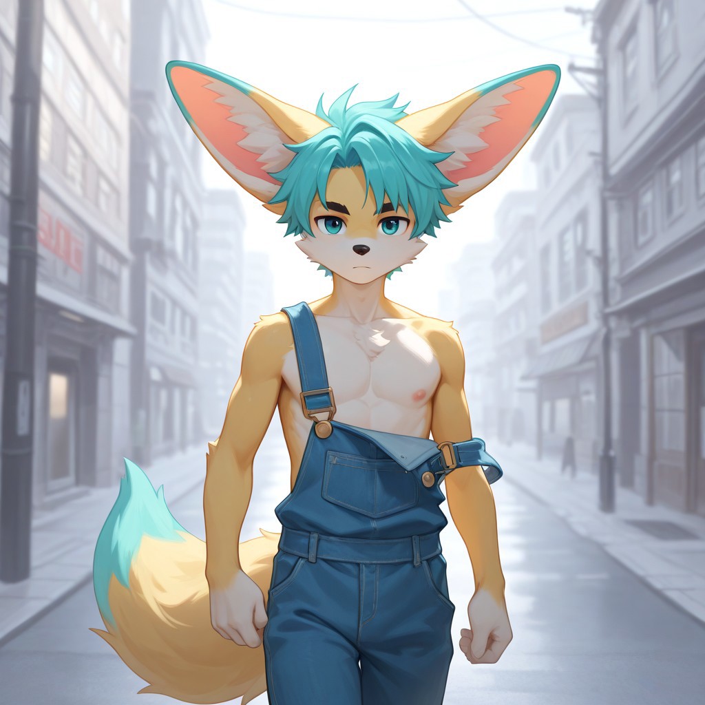 (score_9, score_8_up, score_7_up, HD, extremely detailed, best quality, beautiful quality, detailed background, intricate details, great lighting), BREAK, (1boy, anthro male fennec, slender build, petite size, athletic, smooth fur, orange fur, white fur on the muzzle and chest, black eyebrows, turquoise hair tuft, (big ears with turquoise tips, bright turquoise ear tips, vivid turquoise ear markings), long bushy tail with turquoise tip), BREAK, (in overalls with an attached suspender), BREAK, (walking down the street with a coffee in hand), BREAK, (in a street with pedestrians)