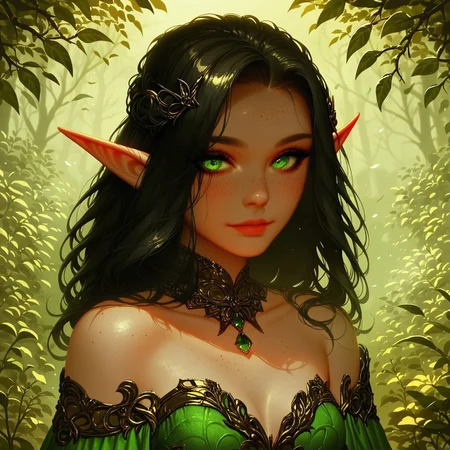 safe_pos, score_9, score_8_up, score_7_up, score_6_up, score_5_up, score_4_up, ((good shadows, good lighting)), (emerald eyes, EyesHD), dark eyes, elf_woman, Caucasian, light freckles, ((black hair, black hair, 25 years old, light smile, inquisitive, beautiful face, beautiful figure, (mature))),
(Wearing a fantasy ball gown, (dark green ball gown), forest green, gold detailing, strapless dress,) small breasts, off shoulders dress, (stone courtyard with garden)