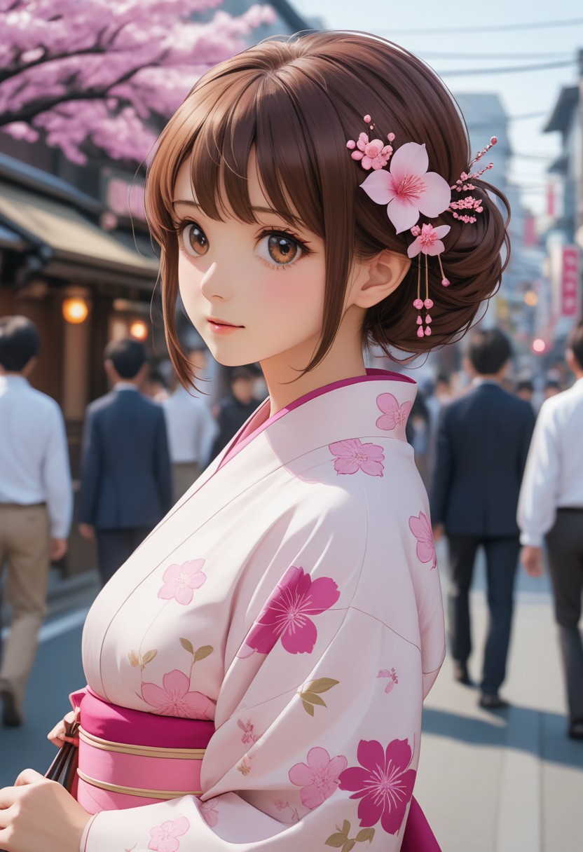 Create an image of a beautiful Y4ek0, soft, fair pink complexion, sweet, vibrant expression, bright brown eyes, short elegantly brown hair, adorned with a delicate hairpin, wears a refined white Japanese kimono with soft pink patterns, noble, graceful appearance, holds a small pink wish flower, adding  sense of reverence, walks, Tokyo streets, bluerred people blurred, motion, lively atmosphere, focus on her, clear details