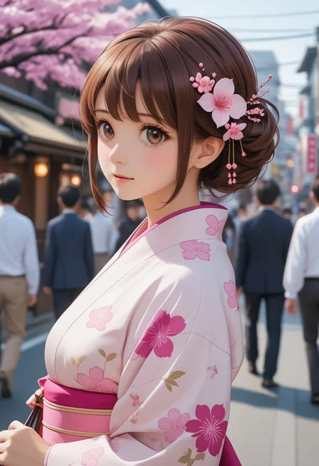 Create an image of a beautiful Y4ek0, soft, fair pink complexion, sweet, vibrant expression, bright brown eyes, short elegantly brown hair, adorned with a delicate hairpin, wears a refined white Japanese kimono with soft pink patterns, noble, graceful appearance, holds a small pink wish flower, adding sense of reverence, walks, Tokyo streets, bluerred people blurred, motion, lively atmosphere, focus on her, clear details