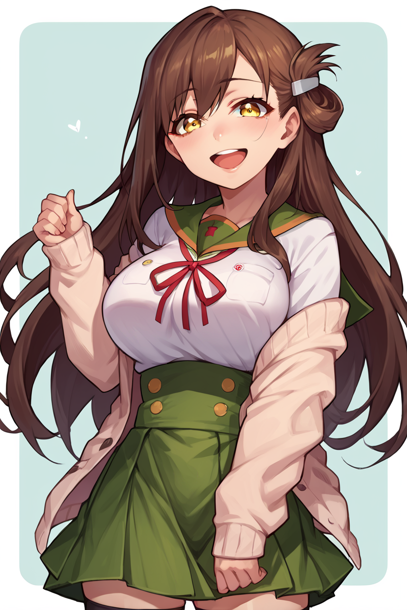 score_9, score_8_up, score_7_up, source_anime BREAK 1girl, solo, <lora:gakkou_yuri:0.9>, gakkou_yuri, school uniform, cardigan, green sailor collar, green skirt, large breasts, black thighhighs, brown hair, long hair, folded hair, hair ornament, yellow eyes, looking at you, smile, open mouth