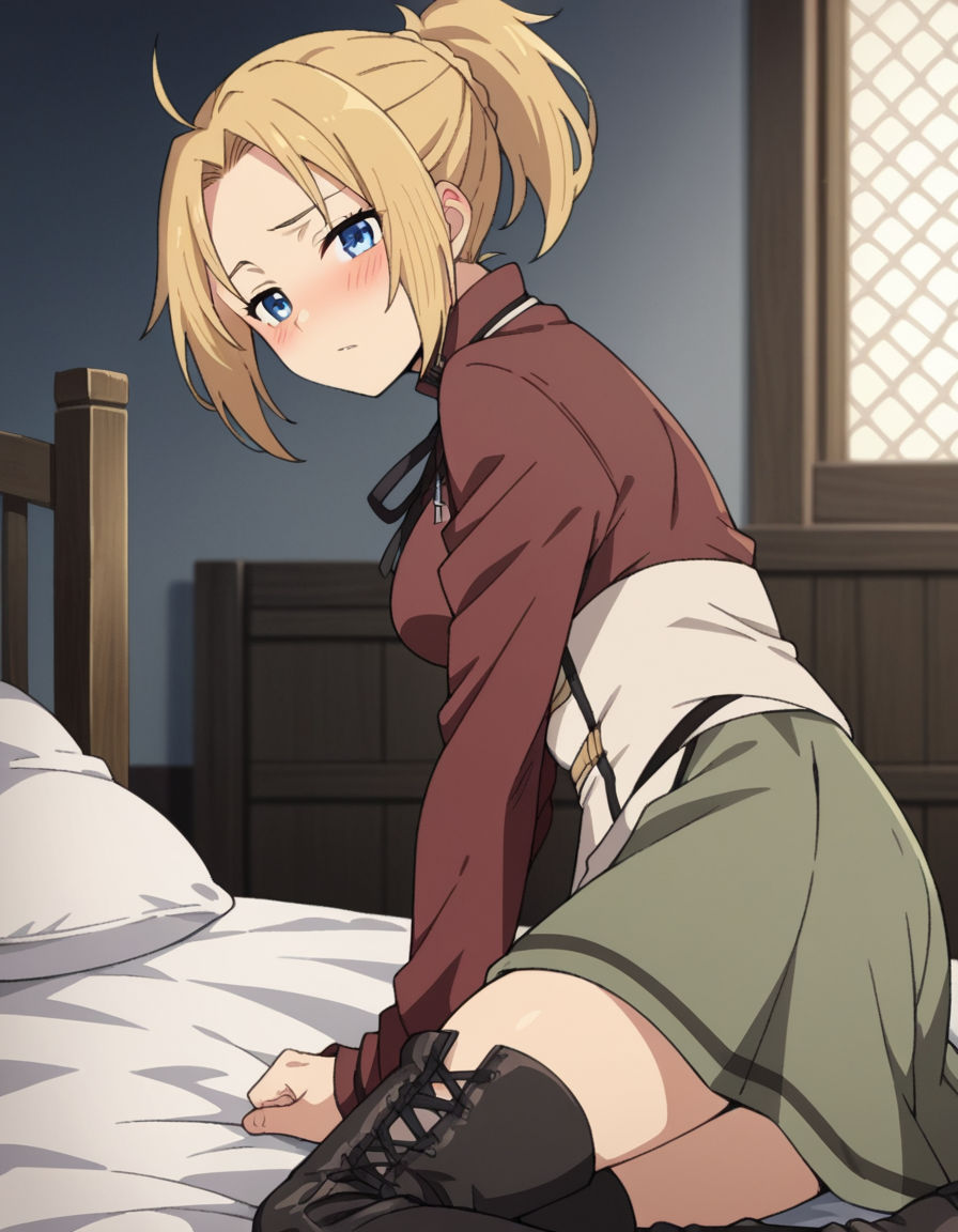 score_9, score_8_up, score_7_up, source_anime,
zenithgreyrat, <lora:zenith-greyrat-s1-ponyxl-lora-nochekaiser:1>,
zenith greyrat, short hair, blonde hair, blue eyes, ponytail, ahoge,
skirt, shirt, thighhighs, long sleeves, ribbon, boots, black thighhighs, thigh boots, brown shirt,
indoors, bed, bed room, on side, blush, drunk,
looking at viewer, dutch angle, cowboy shot,