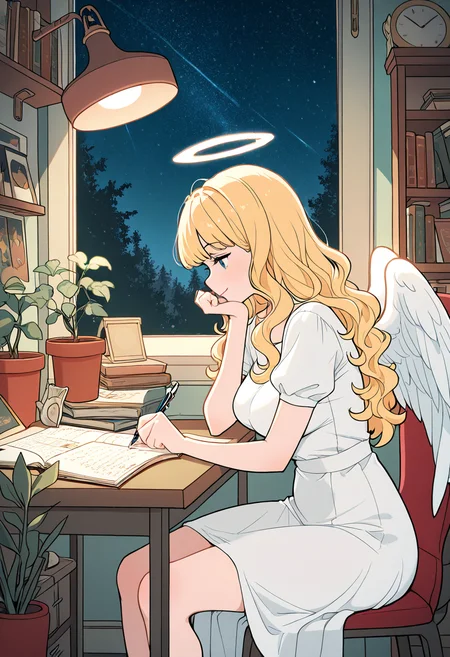 masterpiece, best quality, medium breasts, (curvy), BREAK, 1girl, solo, blonde hair, wavy hair, angel, angel wings, halo, smile, sitting, forest, white dress,zzLofi, sitting, side view, desk, chair, book, bookshelf, head rest, holding, holding pen, lamp, night, open book, pen, plant, potted plant, sky, star (sky), starry sky, window, windowsill, writing, , <lora:LofiGirl_Style_IXL:1.0>,
