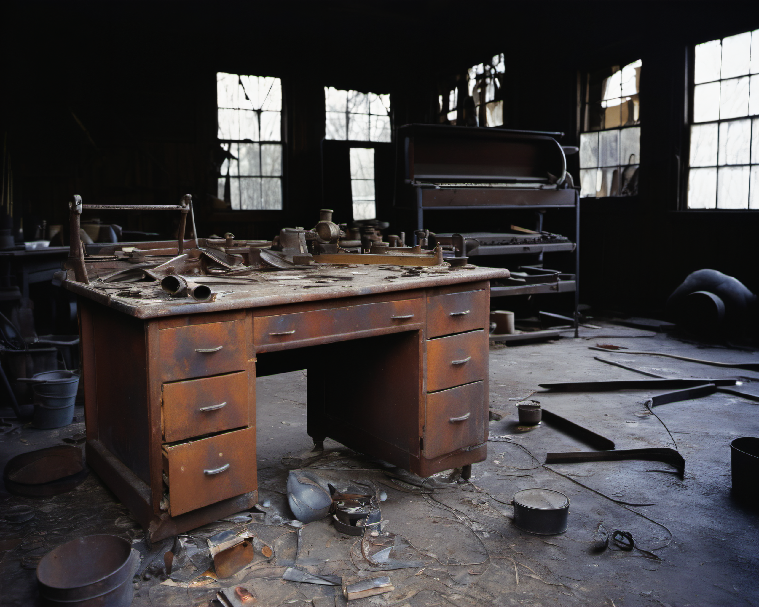 in a post-apocalyptic abandoned workshop, scattered rusted tools, lingering oil smell, yellowed blueprints., by Vivian Maier, SZ_4poXL enviroment   <lora:Post ApocalypticXL_v2:0.6>