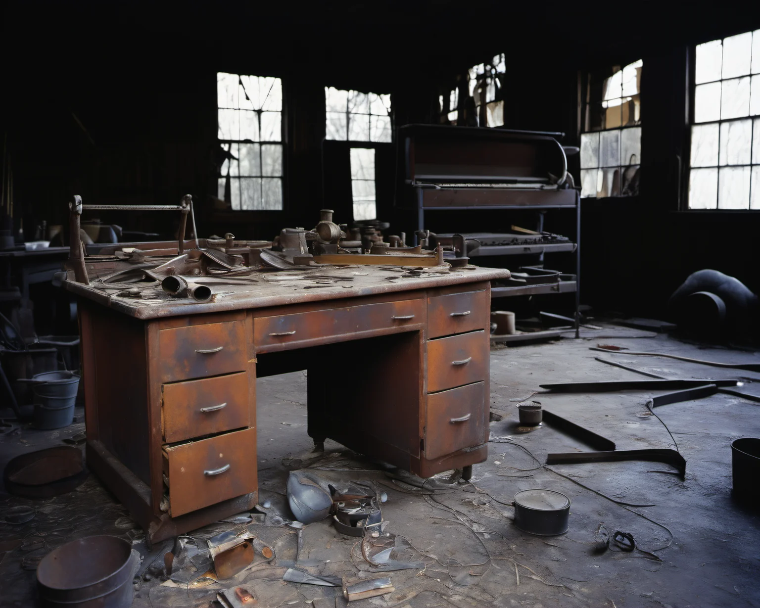 in a post-apocalyptic abandoned workshop, scattered rusted tools, lingering oil smell, yellowed blueprints., by Vivian Maier, SZ_4poXL enviroment <lora:Post ApocalypticXL_v2:0.6>