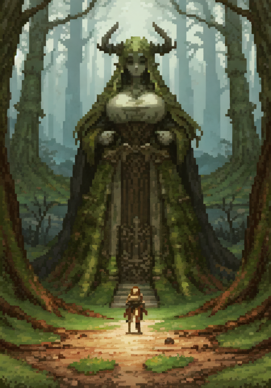 (evocative masterpiece),best quality,very complex hyper-maximalist overdetailed , detailed,finely detailed features,high quality, high-definition, extremely detailed, (highres), original, extremely detailed 8k wallpaper, (an extremely delicate and beautiful),wide angle, 4k,8k,uhd,nsfw,Middle Earth, Mirkwood <lora:Fantasy:1>,giant statue of female,large breasts,devil,bust,part of land,grown into the ground,in background