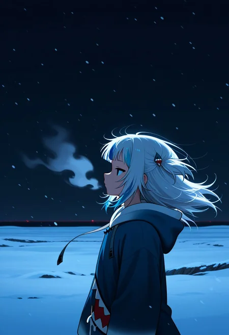 (gawr gura), blue hoodie, solo, snow, winter, (breath),  profile, looking at horizon, wide shot, expressionless, (wind), wind lift,  chiaroscuro, dark, dark theme, night,