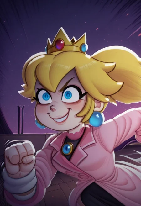 masterpiece, best quality, newest, absurdres, highres, 1girl, <lora:PrincessPeach_NoobAI_Incrs_v1-000012:1>, princess peach, crown, earrings, blue eyes, twintails, wavy hair, evil smile, blue black off-soulder lab-coat, running, classroom, close-up, portrait, solo, p0ch1
