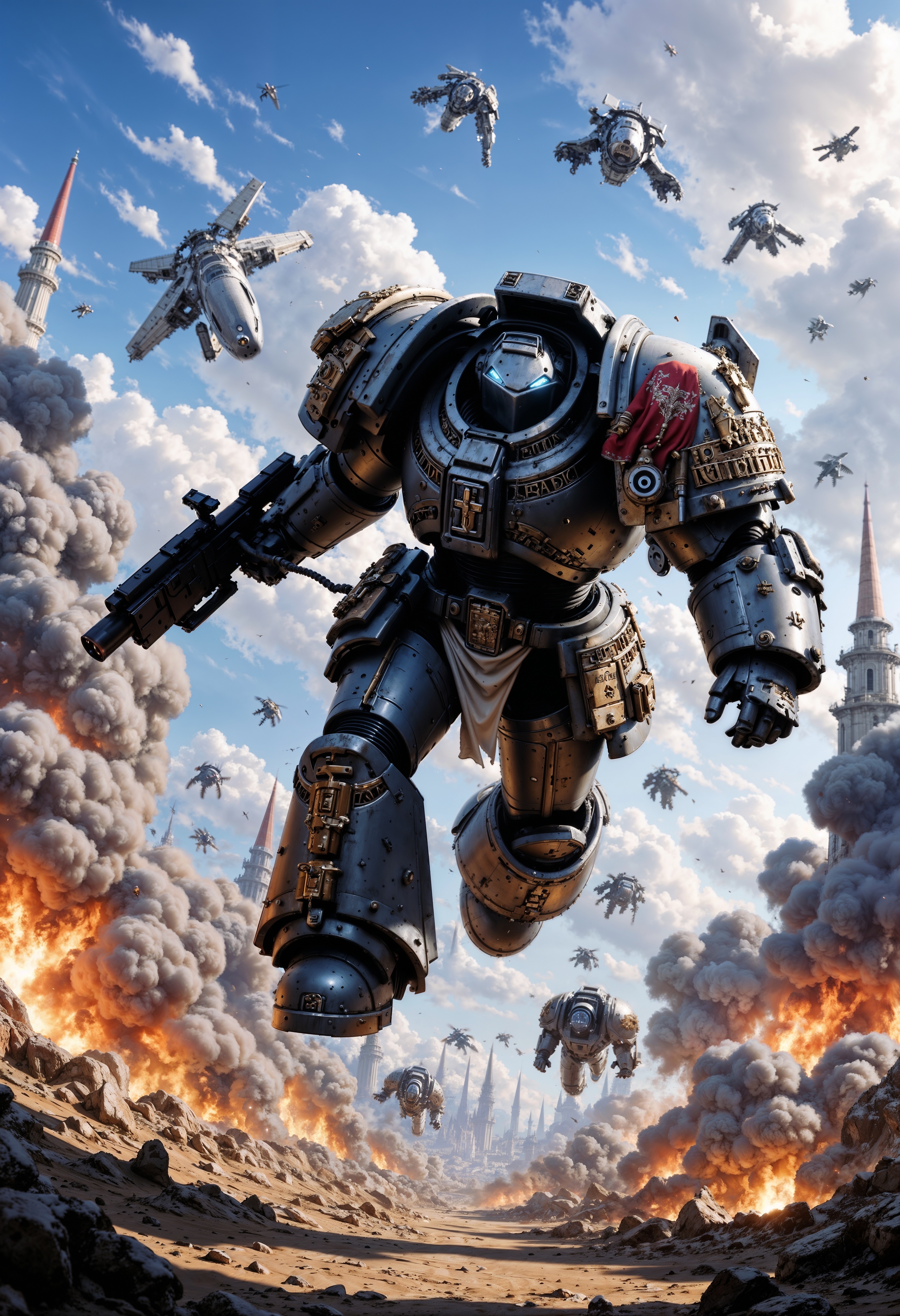 GreyK40k, large space marine jumping from a plane while holding a machine gun, explosions in the background, epic action scene, movie still, <lora:FluxGreyK40k:1> <lora:FluxMythP0rtr4itStyle:0.7>