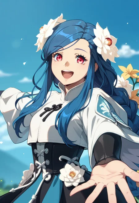 score_9, score_8_up, score_7_up, source_anime, queendizzy, red eyes, blue hair, braid, braided ponytail, long hair, hair flower, hair ornament, swept bangs, sidelocks,, happy smile, open mouth, upper teeth, outstretched hand