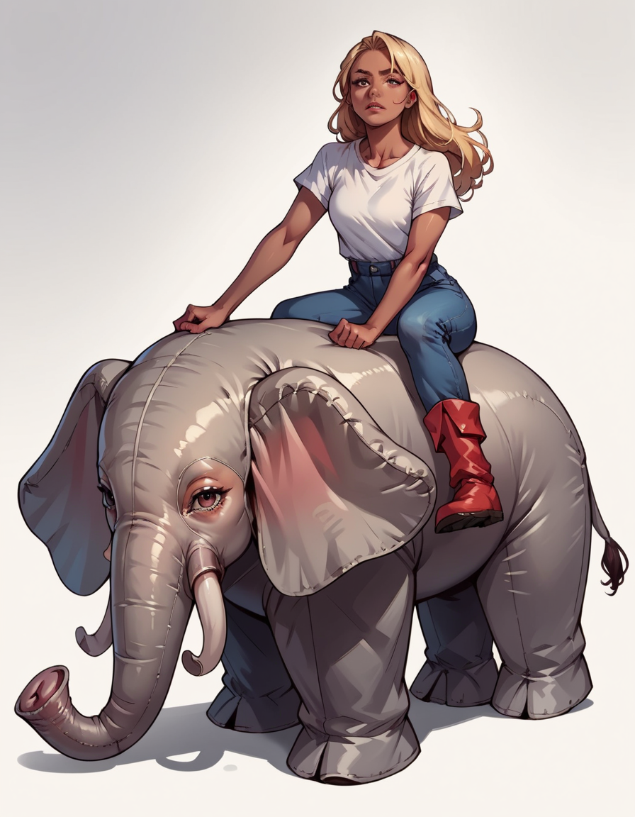 score_9, score_8_up, score_7_up, score_6_up, score_5_up, score_4_up, source_anime, best quality,  hud_inf_eleph, 1girl, long blonde hair, dark skin, shirt, pants, red boots, <lora:enflatableelephant:0.7>, riding inflatable elephant
