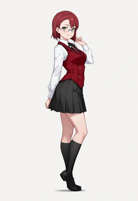 Smooth Quality,masterpiece,very intricate, high quality details, ultra realistic, high detailed skin,detailed enviorement,absurdres,
<lora:Dina_Sera_CNR:0.8> dina_cnr, red hair, short hair, asymmetrical bangs, green eyes,semi-rimless eyewear, medium breasts,hair ribbon,school uniform,white shirt, collared shirt, red vest,black skirt, pleated skirt, long sleeves, kneehighs, black socks, black footwear,neck ribbon,, simple background, white background, from side,
standing on tiptoes, one arm raised, arched back, legs crossed, hips tilted, shoulders back ,, :3,