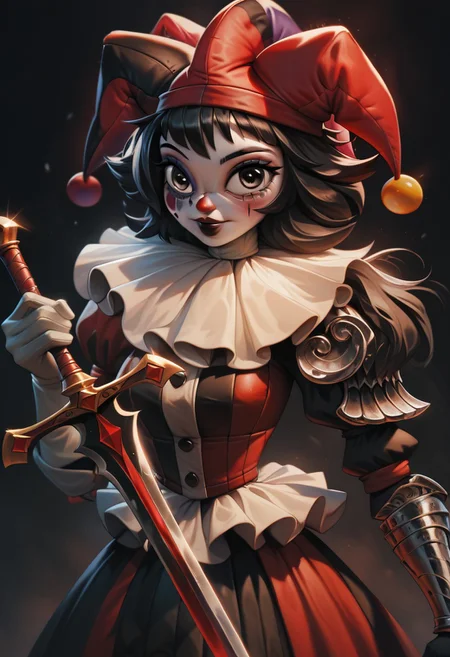 score_9, score_8_up, score_7_up, score_6_up, 1girl, clown, red black white suit, beautiful eyes, pure white color eyes, bright eyes, white and black hair, thig highs, gloves, striped, jester cap, planted sword, holding sword, big sword, plate armor, black and red armor, black armor, shiny armor, hattiezazu, digital art, soft light