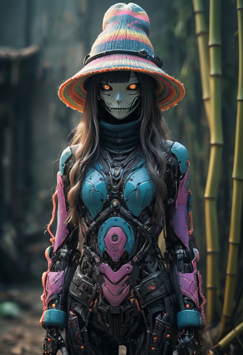 Create a vivid description capturing the essence of a slender Cyborg wearing a boldly patterned neon-striped chunky knit turtleneck sweater and Large round Bamboo hat, It gazes directly at the camera, extending his arm with fingers forming a peace sign. The surreal scene is further enhanced as her long hair seamlessly merges with the vibrant background.
raw photo, a blue sunset landscape, photorealistic, high detailed texture, 8k uhd, dslr, soft lighting, high quality, film grain, Fujifilm XT3, highly detailed photographvibrant, insanely detailed, hyperdetailed, 
atmospheric haze, Film grain, cinematic film still, shallow depth of field, highly detailed, high budget, cinemascope, moody, epic, OverallDetail, gorgeous, 2000s vintage RAW photo, photorealistic, candid camera, color graded cinematic, eye catchlights, atmospheric lighting, skin pores, imperfections, natural, shallow dof