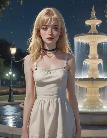score_9, score_8_up, score_7_up, extremely detailed, 1girl, pale skin, long blonde hair, bangs, freckles, grey eyes, petite, flat chest, choker, wearing short white sundress, night time, standing next to a fountain under a street lamp, open fields in distant background