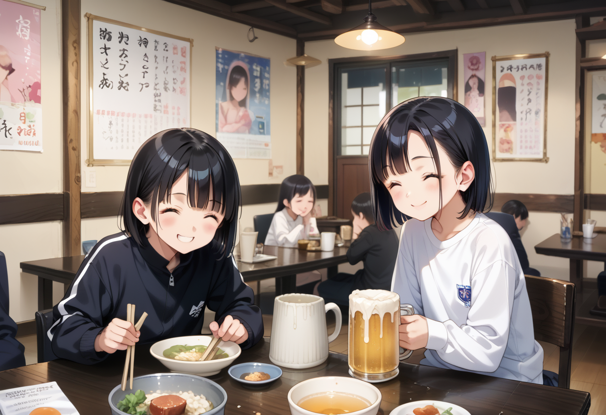 score_9, score_8_up, score_7_up, rating_safe, masterpiece, best quality, absurdres, unity 8k wallpaper, official art, official style, source_anime, game cg, megami magazine,
murayakuba, izakaya, black hair, multiple girls, shirt, cup, holding, beer mug, black shirt, chopsticks, bowl, closed eyes, indoors, table, food, short hair, sitting, smile, white shirt, jacket, long sleeves, poster (object)
 <lora:murayakuba_pony_V1:1>