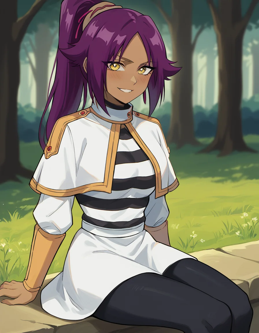 score_9, score_8_up, score_7_up, source_anime, <lora:yoruichi-shihouin-ponyxl-lora-nochekaiser:1> yoruichi shihouin, long hair, yellow eyes, ponytail, purple hair, dark skin, dark-skinned female, medium breasts, <lora:frieren-cosplay-ponyxl-lora-nochekaiser:1>, frieren cosplay, frieren (cosplay), shirt, long sleeves, jewelry, pantyhose, earrings, striped, black pantyhose, capelet, striped shirt, skirt, white skirt,, forest, sitting, smile, blush, cowboy shot, looking at viewer