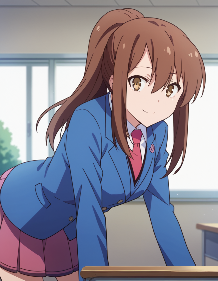 score_9, score_8_up, score_7_up, source_anime,
nanamiaoyama, <lora:nanami-aoyama-s1-ponyxl-lora-nochekaiser:1>,
nanami aoyama, long hair, bangs, brown hair, hair between eyes, brown eyes, ponytail, sidelocks,
skirt, school uniform, jacket, pleated skirt, necktie, blazer,
indoors, classroom, bent over, smile,
looking at viewer, cowboy shot, solo, dutch angle
