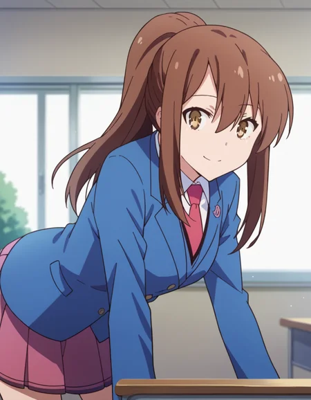 score_9, score_8_up, score_7_up, source_anime,
nanamiaoyama, <lora:nanami-aoyama-s1-ponyxl-lora-nochekaiser:1>,
nanami aoyama, long hair, bangs, brown hair, hair between eyes, brown eyes, ponytail, sidelocks,
skirt, school uniform, jacket, pleated skirt, necktie, blazer,
indoors, classroom, bent over, smile,
looking at viewer, cowboy shot, solo, dutch angle