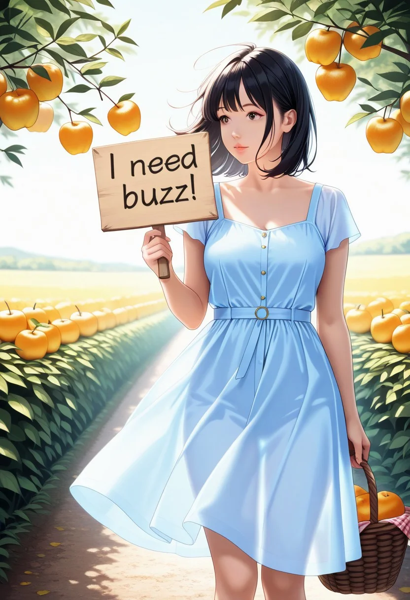 masterpiece, absurdres, realistic, 1girl, light blue dress, see-through silhouette, black hair, harvesting apples from trees in an orchard, a basket full of harvested apples placed near her, wind, vibrant colors, need_buzz, holding sign