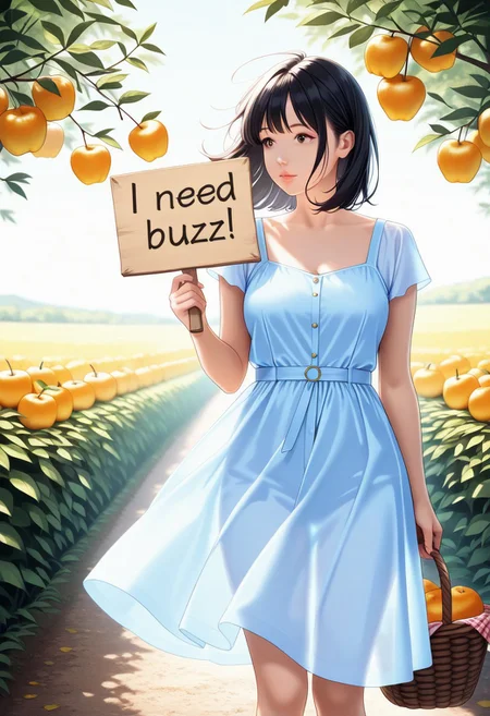 masterpiece, absurdres, realistic, 1girl, light blue dress, see-through silhouette, black hair, harvesting apples from trees in an orchard, a basket full of harvested apples placed near her, wind, vibrant colors, need_buzz, holding sign