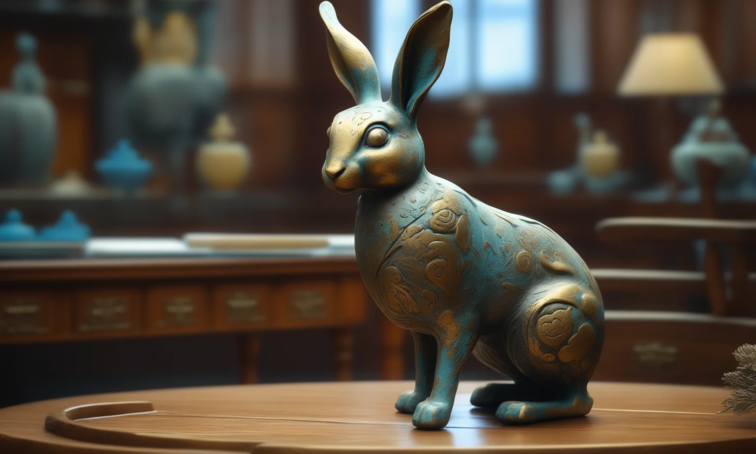 <lora:bronzecd_xl-000006:0.7>,a statue of a hare made of (bronzecd_xl,bron,cyan:0.1) in office scene,full body,miniature,tilt-shift,indoors,chinese zodiac,wooden table,cutie,cute,still life,animal statue,front view,facing viewer,looking at viewer,(Unbelievable Digital Artwork:1.3),CGSociety,ArtStation,master works, 8K, HDR, UHD, masterpiece, best quality, highly detailed, high resolution, finely detail, extremely detailed, ultra detailed, wallpaper