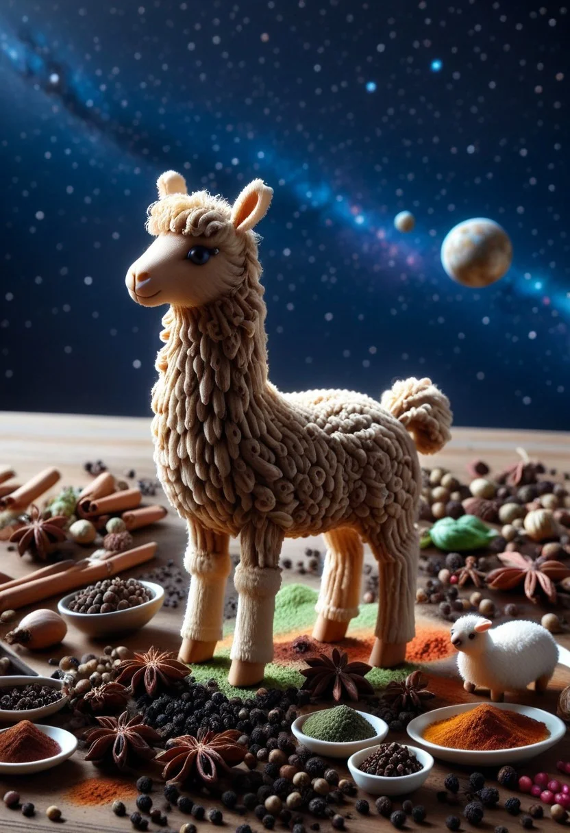 A highly detailed, vibrant funny Alpaca made of herbs floating in space, Herbs_Morf, strange little creatures