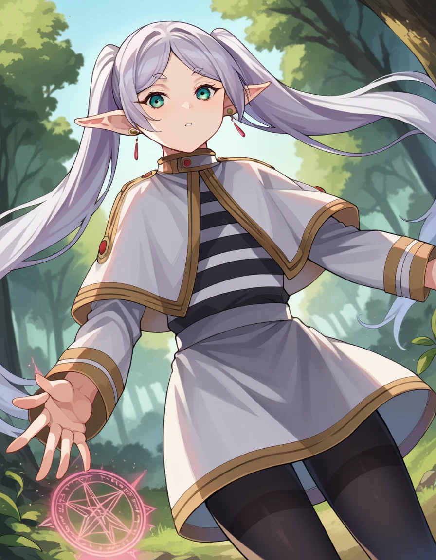 score_9, score_8_up, score_7_up, source_anime,
frieren, <lora:frieren-ponyxl-lora-nochekaiser:1>,
frieren, long hair, twintails, green eyes, grey hair, pointy ears, elf,
shirt, long sleeves, jewelry, pantyhose, earrings, striped, black pantyhose, capelet, striped shirt, skirt, white skirt,
outdoors, forest, nature, fighting stance, magic, magic circle,
looking at viewer, cowboy shot, dutch angle, dynamic pose,