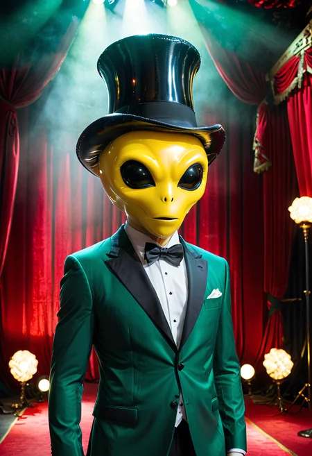 shnywrld, inflatable, scifi, colorful, luminous, a green shnywrld alien, yellow spots, wide black eyes, almond shaped, wearing a top hat and tuxedo, rose in its mouth, on stage, directional lighting, red theater curtain background, masterpiece, amazing quality, best quality, very aesthetic, absurdres, detailed background, low angle.  <lora:shinyworld:.8>  <lora:zavy-cntrst-sdxl:.8> dark, chiaroscuro, low-key <lora:xl_more_art-full_v1:.8>
