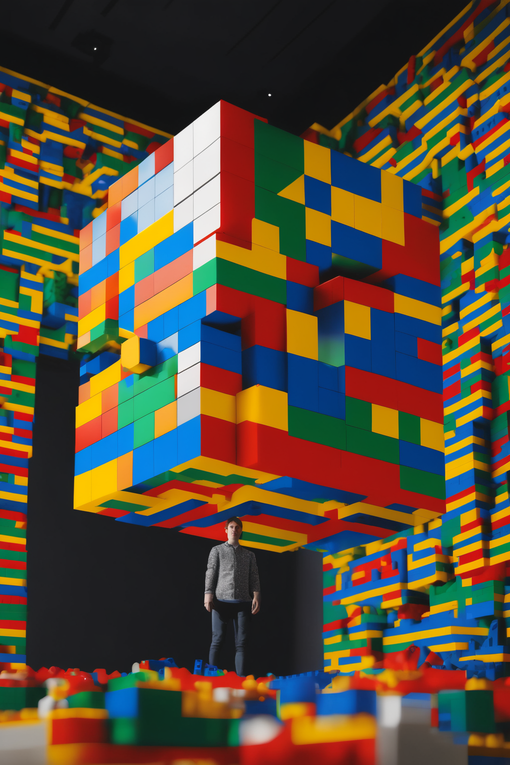 <lora:Levitating Cube:1>Levitating Cube - a person standing in a room filled with legos