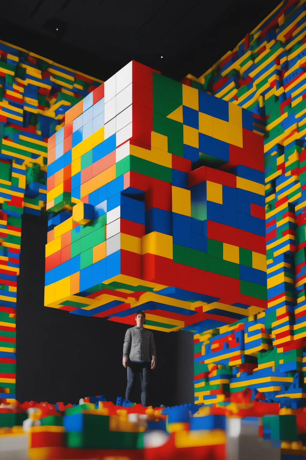 <lora:Levitating Cube:1>Levitating Cube - a person standing in a room filled with legos
