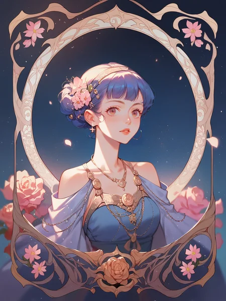 source_anime, score_9, score_8_up, score_7_up, score_6_up, score_5_up,  <lora:rdjXLP:0.8> rdj, light particles, 1girl, night sky, curvy, flower, tarot, portrait,