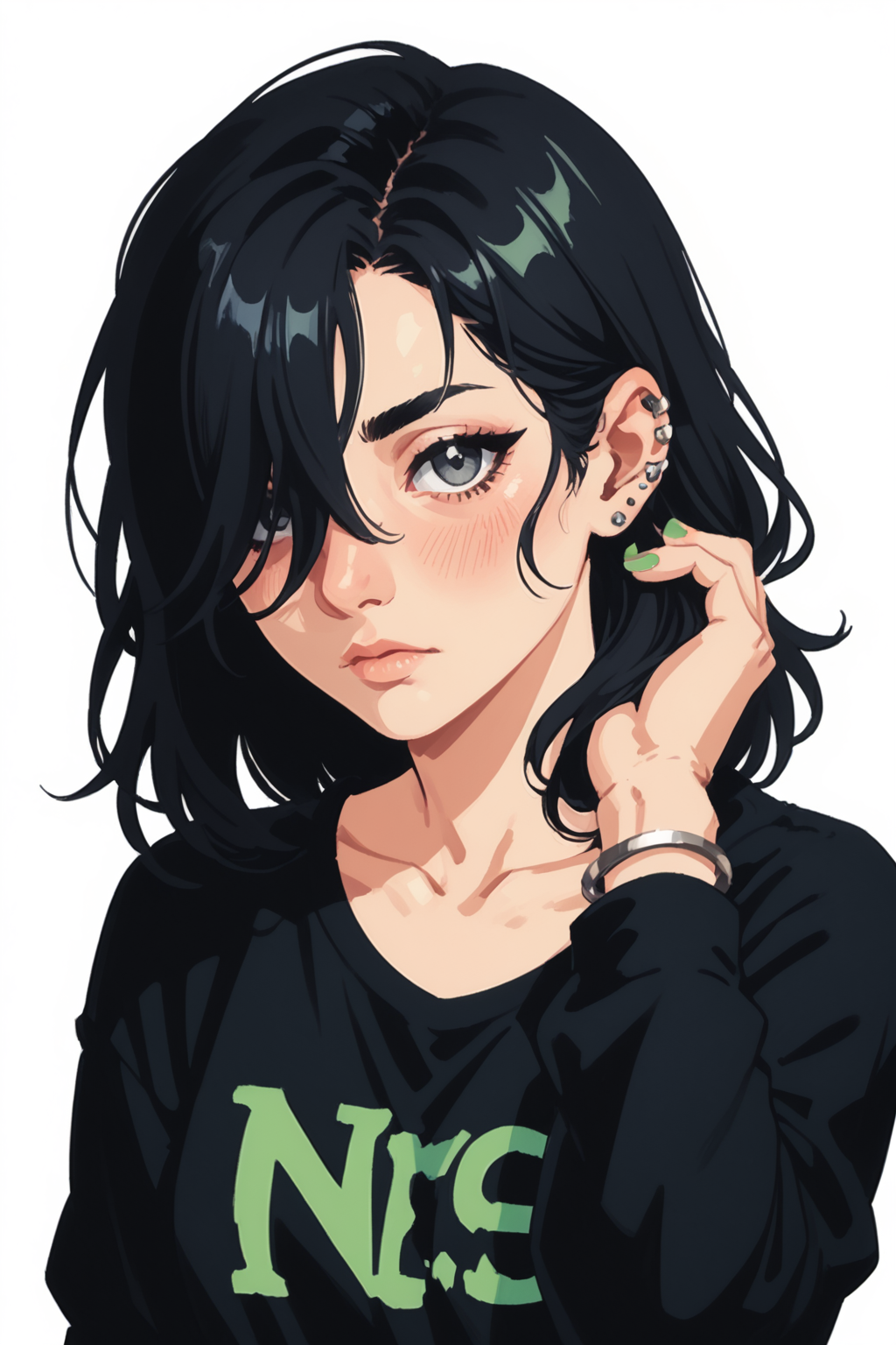 1girl, solo, black hair, simple background, white background, looking at viewer, shirt, long sleeves, collarbone, nail polish, black shirt, upper body, closed mouth, hand up, black eyes, jewelry, medium hair, bracelet, green nails, clothes writing, grey eyes, head tilt, long hair, hair over one eye, blush, ear piercing, hand in own hair, piercing, fingernails,, zPDXL3,  PnyCmicXLPOS, detailxl,  (lineless, vector art:1.5)