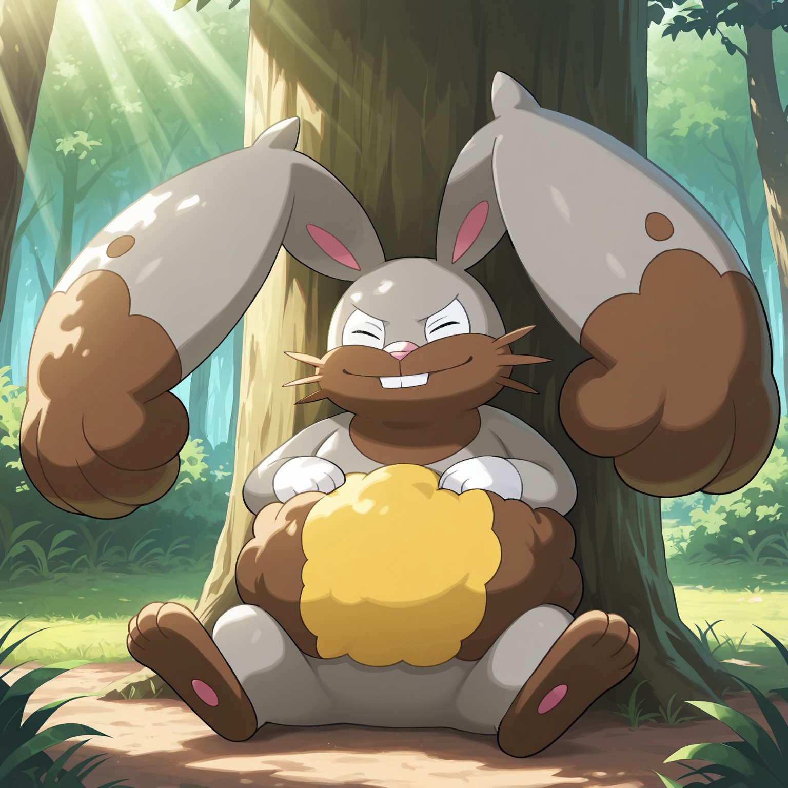Diggersby, solo, pokemon (creature), rabbit, buck teeth, white sclera, eyes closed, gray body, fluffy, brown and yellow fur around waist, brown muzzle, multicolored fur, pink nose, brown neck, brown whiskers, huge ears, pink inner ears, three toes, three fingers, brown feet, gray and brown ears

BREAK outside, outdoors, sunlight, sitting, back against tree, hand on belly, smile, relaxed, forest, bushes

BREAK best quality, amazing quality, very aesthetic, absurdres, newest, masterpiece, high quality