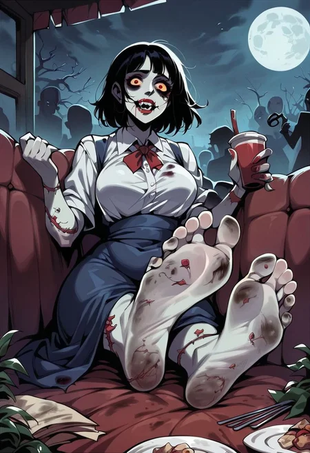 score_9, score_8_up, score_7_up, score_6_up, score_5_up, score_4_up,source_anime, 2d anime, zombie, zombie woman, zombie slut, sexy zombie, motion, erotic, porn, horror, dead eyes, cafe, night, full moon, sitting, showing feet, perfect feet, perfect soles, dirty feet